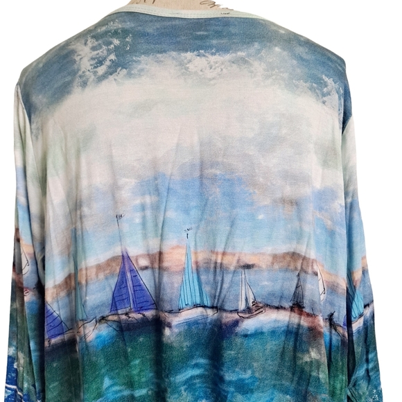 SOLD Karen Kane abstract art to wear boats on ocean stretchy blouse top size 1X - Picture 7 of 15